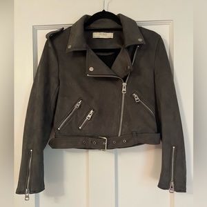 Zara Gray Cropped Faux Suede Belted Moto Biker Jacket